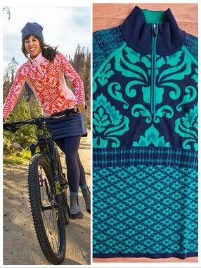 Title Nine Super Power 1/4 Zip Pullover Sweater Damask Merino Wool Medium Teal